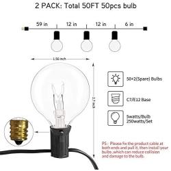 2 Pack Outdoor String Lights 25Ft G40 Globe Patio Lights with 25 Clear Globe G40 Bulbs(1 Spare), Waterproof Connectable plug in hanging light for Backyard Porch Balcony Decor, E12 Socket Base, Black