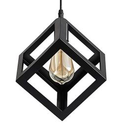 ZHU YAN Industrial Light Indoor Wire Cage Farmhouse Square Metal Black Pendant Light, Hanging Pendant Lighting Fixture for Kitchen Island Living Room Dining Room ,1 Pack (Black)