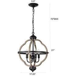 ACLand Farmhouse Chandelier, 4-Light Rustic Pendant Light Fixture Matte Black and Wood Texture Finish Industrial Metal Ceiling Hanging Lighting for Indoor Foyer Kitchen Island Dining Living Room