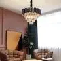 A AXILIXI Crystal Chandeliers, 9-Lights H15'' X W20'' Modern Dinning Room Chandelier, Adjustable Chain Ceiling Light Fixture, 4-Tier K9 Pendant Lamp for Living Room, Black and Rose Gold