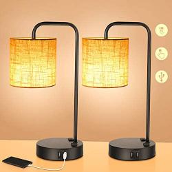 Sunvook Modern Bedside Table Lamp with 2 USB Charging Ports& 2AC Outlet,3 Way Dimmable Touch Control Industrial Nightstand lamp with Eye-protecting Fabric Shade Desk Lamp for Bedroom Living Study Room