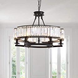 CROSSIO 6 Lights Luxury Round Crystal Chandelier Vintage Black Iron Pendant Light for Dining Room Bedroom Living Room D25.6'' x H20''