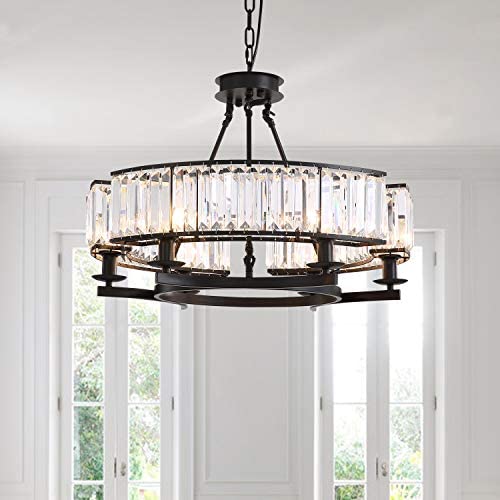 CROSSIO 6 Lights Luxury Round Crystal Chandelier Vintage Black Iron Pendant Light for Dining Room Bedroom Living Room D25.6'' x H20''
