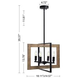 Wellmet Farmhouse Dining Room Lighting Fixtures Hanging 4-Light, Rustic Chandelier Kitchen Island Foyer Entry Pendant Light in Distressed Wood and Black Metal Finish