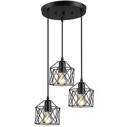 Pendant Light with Cage Shade Matte Black 3-Lights Adjustable Hanging Lighting Fixture, Industrial Antique Traditional Pendant Lamp for Home, Kitchen Island, Dining Room, Foyer, Farmhouse,Hallway