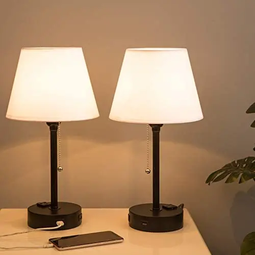 Lifeholder Bedside Lamps, Table Lamp with Useful Dual USB Ports & A Power Outlet, Minimalist White Shade USB Nightstand Lamp, Desk Lamp Perfect for Bedroom, Living Room or Office (2 Packs)
