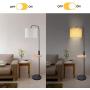 Modern Floor Lamp with Table, LED Minimalist Floor Lamp with USB Ports, AC Outlet and Wood Tray, 9W LED Bulb Included, Linen Fabric Lampshade Standing Lamp Suitable for Living Room, Bedroom, Office
