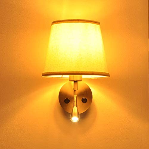 Led Modern Interior Hardwired Wall Sconce White Fabric Shade, 2 Switch Double Night Light Sources e26 Bedroom Decorative Lamp Fixture, Desk Gooseneck Rotatable Reading Lighting for Living Room Decor