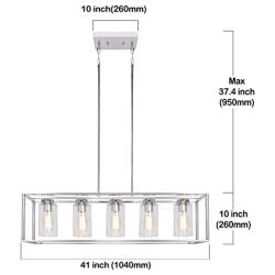 FIMITECH Chandeliers Contemporary Rectangle 5-Light Dining Room Lighting, Adjustable Rods, Fixtures Hanging, Ceiling Light Kitchen Island Cage Pendant Lights with Glass Shade (Chrome)