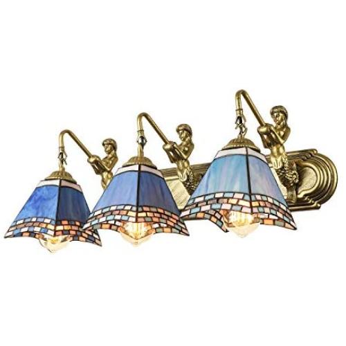 LITFAD Modern LED Wall Sconce Three-Light Mermaid 24 Inch Bathroom Lighting in Tiffany Stained Glass Style Decorative Wall Lamp for Bedroom Living Room Hotel