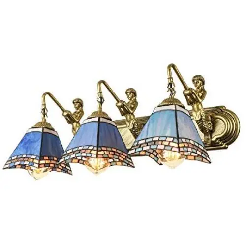 LITFAD Modern LED Wall Sconce Three-Light Mermaid 24 Inch Bathroom Lighting in Tiffany Stained Glass Style Decorative Wall Lamp for Bedroom Living Room Hotel