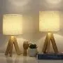 HAITRAL Small Table Lamps - Wooden Tripod Nightstand Lamps Set of 2 for Bedroom, Living Room, Office, Home with Fabric Linen Shade