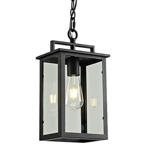 Smeike Outdoor Pendant Light Exterior Hanging Lantern, 1-Light Outdoor Pendant Lighting for Porch, Matte Black Finish with Clear Glass, Height Adjustable