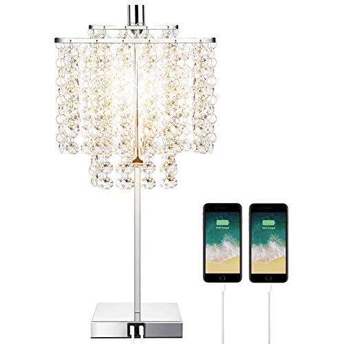 Touch Control Crystal Table Lamp with Dual USB Charging Ports, 3-Way Dimmable Bedside Desk Lamp, Decorative Nightstand Lamp with Elegant Lampshade for Living Room Bedroom Office, T45 LED Bulb Included