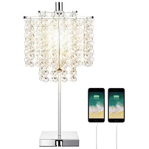 Touch Control Crystal Table Lamp with Dual USB Charging Ports, 3-Way Dimmable Bedside Desk Lamp, Decorative Nightstand Lamp with Elegant Lampshade for Living Room Bedroom Office, T45 LED Bulb Included