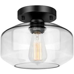 Industrial Semi Flush Mount Ceiling Light with Clear Glass Shade, Farmhouse Ceiling Light Fixture for Hallway Porch Kitchen Entryway Bedroom Corridor, Close to Ceiling Lights Black, E26 Base