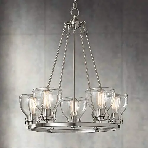 Bellis Brushed Nickel Round Pendant Chandelier 24 1/2'' Wide Modern Industrial Clear Glass 5-Light Fixture for Dining Room House Foyer Kitchen Island Entryway Bedroom Living Room - Possini Euro Design