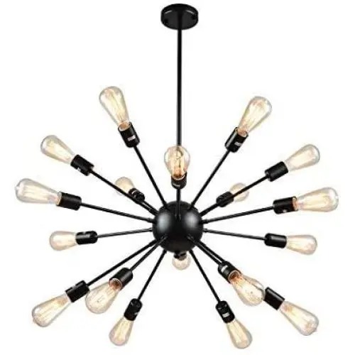 mirrea Vintage Metal Large Dimmable Sputnik Chandelier with 18 Lights, Black Painted