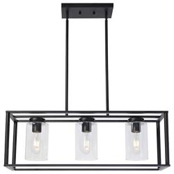 VINLUZ Contemporary Chandeliers Black 3 Light Modern Dining Room Lighting Fixtures Hanging, Kitchen Island Cage Linear Pendant Lights Farmhouse Flush Mount Ceiling Light with Glass Shade