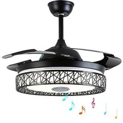 MoreChange 42 Inch Modern Bluetooth Ceiling Fan with Light and Remote, Multi-function Retractable Chandelier Fans Lighting with Music Play and 7 Colorful Dimmable for Living/Dining Room (Black Nest)