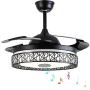 MoreChange 42 Inch Modern Bluetooth Ceiling Fan with Light and Remote, Multi-function Retractable Chandelier Fans Lighting with Music Play and 7 Colorful Dimmable for Living/Dining Room (Black Nest)