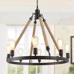 GEPOW Farmhouse Rope Chandelier, Round Wagon Wheel Light Fixture for Dining Room, Living Room, Bedroom, Kitchen Island and Foyer