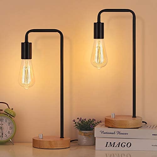 Edison Table Lamps Set of 2, Industrial Table Lamp, Bedside Nightstand Small Minimalist Wood Rustic Reading Desk Light for Bedroom, Living Room, Office, Dorm - Black