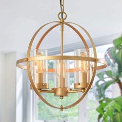 FERWVEW 3 Lights Sphere Gold Ceiling Hanging Light Fixtures Globe Pendant Chandeliers, Metal Farmhouse Ceiling Lighting for Kitchen Island Living Dining Room Foyer Bedroom Entry