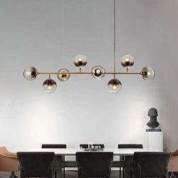 LITFAD Globe Shaped Island Lamp Smoke Gray Glass 6 Lights Dining Room Pendant Lighting Fixture Modern LED Chandelier in Brass Metal with Adjustable Cord for Bedroom Restaurant Hotel Bar