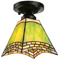 KWOKING Lighting Tiffany Ceiling Lights Stained Glass Hanging Lamp with Green Cone Shade Semi Flush Mount Ceiling Light for Living Room, Hallway, Kitchen 4 Sides