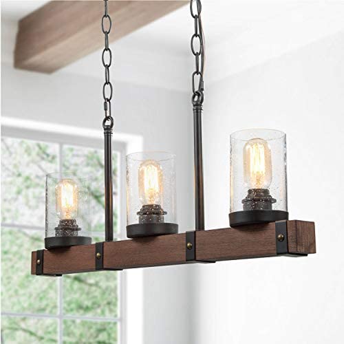 Farmhouse Kitchen Island Lighting Fixture Hanging, Metal Wood Chandeliers with Glass Globes, Linear Pendant Lighting for Dining Room, 3-Light, 25.5 Inches in Length