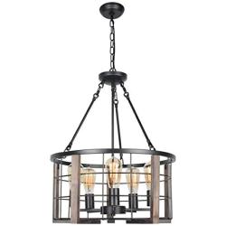 Baiwaiz Round Rustic Dining Room Light Fixture, Wood Farmhouse Drum Chandelier Lighting Black Industrial Metal Cage Foyer Pendant Light 5 Lights Edison E26 BW17124