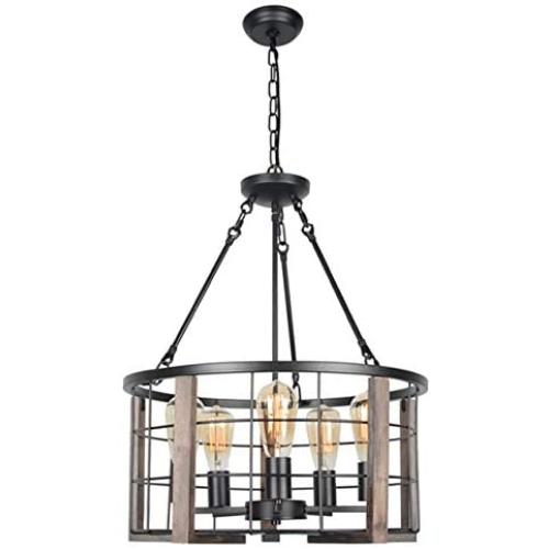 Baiwaiz Round Rustic Dining Room Light Fixture, Wood Farmhouse Drum Chandelier Lighting Black Industrial Metal Cage Foyer Pendant Light 5 Lights Edison E26 BW17124