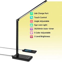 Popuway LED Desk Lamp, Eye-Caring Table Lamp with USB Charging Port, Table Light, Dimmable Touch 5 Color Modes, Touch Control Panel, Foldable Light for Reading, Working, Painting, Bedroom (Black)