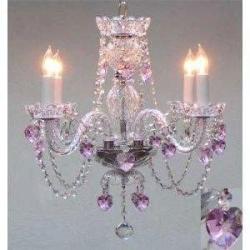 Chandelier Made with Swarovski Crystal! Crystal Lighting with Pink Crystal Hearts! H17'' X W17'' Swag Plug in-Chandelier W/ 14 Feet of Hanging Chain and Wire! - Perfect for Kids & Girls Bedroom!