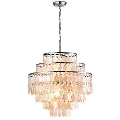 Maxax Shell Chandeliers Round 5-Light Chandelier with Natural White Capiz Seashells Pendant Lamp for Dining Room Living Room Bedroom Kitchen Island, Chrome Finish