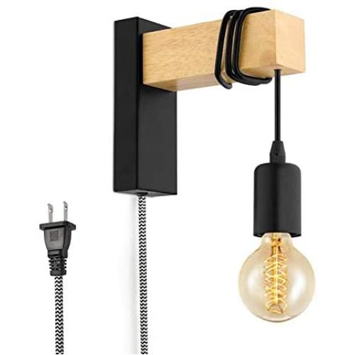 Focolux Plug in Wall Sconce, Black Wall Lamp Fixtures with Plug in Cord On/Off Switch E26 Base Industrial Modern Wire Wood Decoration Wall Mounted Lights Bedside for Bedroom Living Room (No Bulb)