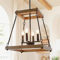KSANA Farmhouse Chandelier, Vintage Foyer Faux Wood Lantern Light Fixtures Hanging, 4-Light Pendant Lighting for Kitchen Island, Dining Room, Hallway and Entryway