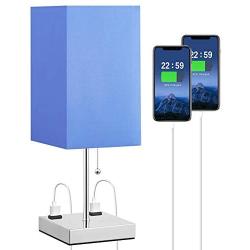 Table Lamp with Outlet, Aooshine Bedside Lamp with Dual 2-Pin Charging Ports, Deep Blue Shade & Sliver Base, Nightstand Lamp Suitable for Bedroom, Living-Room, Office