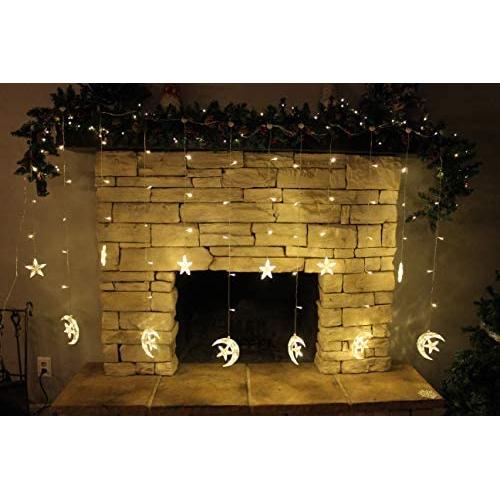 138 LED Moon Star Window Curtain String Lights Fairy Lights 8 Flashing Modes Decoration Remote Control for Christmas Home Holiday Festival Party Wedding Bedroom Indoor Outdoor Decor (Warm White)