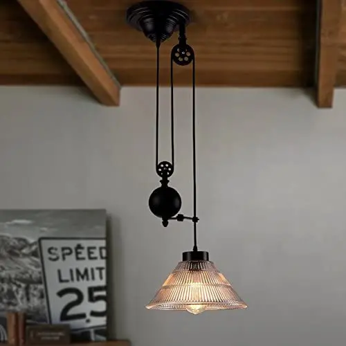 Vintage Pulley Chandeliers, Industrial Retractable Ceiling lights Antique Pulley Rise and Fall Light Fitting for Kitchen Island Dining Room Loft Hallway with Glass Shade (Size : 1Light)