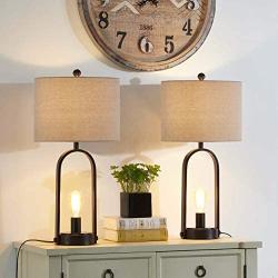 Maxax Table Lamps Set of 2 with Oatmeal Fabric Drum Shade Industrial Nightstand Lamps for Living Room Bedroom Bedside Nightstand,Black Finish