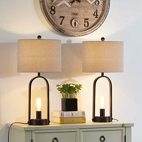 Maxax Table Lamps Set of 2 with Oatmeal Fabric Drum Shade Industrial Nightstand Lamps for Living Room Bedroom Bedside Nightstand,Black Finish