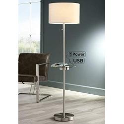 Caper Modern Floor Lamp with USB and AC Power Outlet on Table Glass Satin Steel White Fabric Drum Shade for Living Room - 360 Lighting