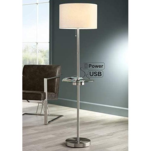 Caper Modern Floor Lamp with USB and AC Power Outlet on Table Glass Satin Steel White Fabric Drum Shade for Living Room - 360 Lighting