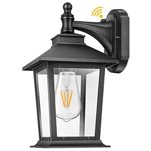 Outdoor Wall Lantern, Dusk to Dawn Sensor Exterior Light Fixture Wall Mount, E26 Socket Matte Black Wall Sconce with Clear Glass Shade, 100% Aluminum, Wall Lamp for Porch Entryway Doorway