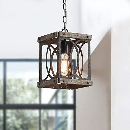 Wood and Metal Chandelier Square 1-Light Adjustable Height Ceiling Pendant Light Dining Room Lighting Fixtures Hanging，Living Room Light ,Kitchen Chandelier UL Listed