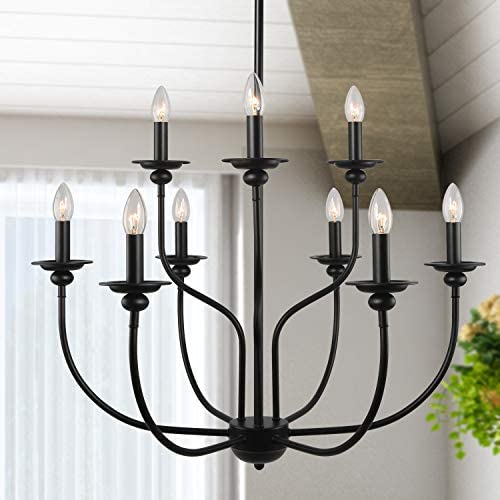 LALUZ Farmhouse Chandelier, Dining Room Lighting Fixtures Hanging in Black Metal Finish, 2-Tier 9-Candle Rustic French Country Chandelier for Living Room, Foyer, Bedroom