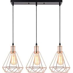 HOXIYA 3 Light Pendant Light Metal Diamond Hanging Lamp Rose Gold Finish Vintage Hanging Ceiling Light Fixtures UL Listed E26 for Island Light Living Room Coffee Bar