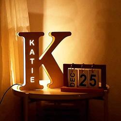 VEELU Personalized Decor Led Night Light Marquee Letter Lights Custom Wooden Engraved Name Wall Light for Bedroom Christmas Wedding - Best Gift for Family Lovers Friends